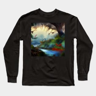 Beautiful Fantasy Landscape with Tree and River Long Sleeve T-Shirt